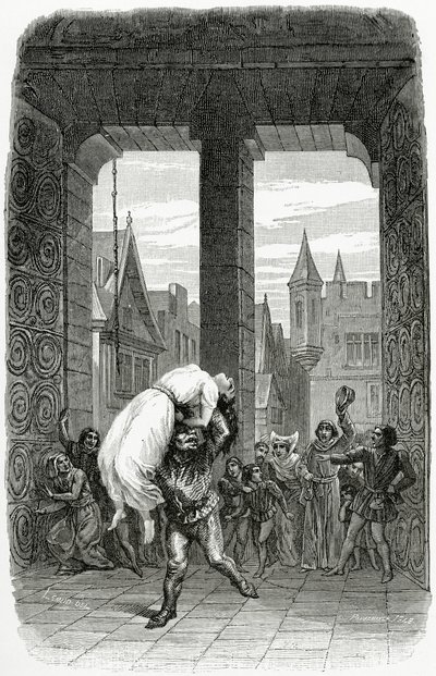 Quasimodo redder Esmeralda fra henrettelse - illustration fra Notre Dame de Paris, 1800-tallet (bw-gravering) af Charles Alexandre Lesueur