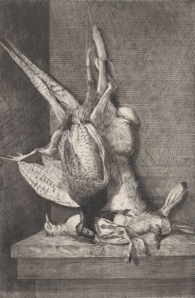 Jagttrofæ med fuglevildt og kanin, 1850-1900. af Charles Alphonse Deblois