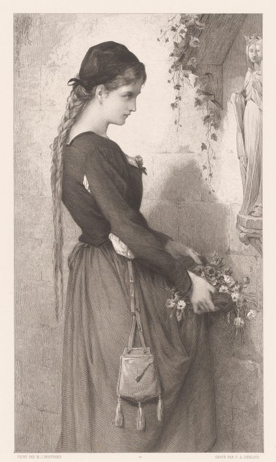 Ung kvinde bringer blomster til niche med statue af Maria Marguerite (titel på objekt) af Charles Alphonse Deblois