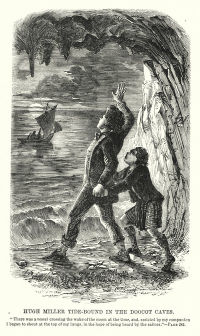 Hugh Miller tidevandsbundet i Doocot Caves (gravering) af Charles Altamont Doyle
