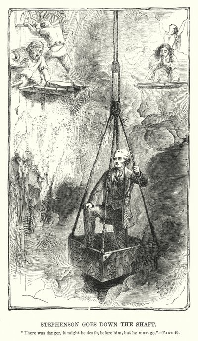Stephenson går ned af skaftet (gravering) af Charles Altamont Doyle