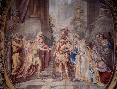 Scenografi: "" Alceste"" Repræsentation af scene 4 i akt V i operaen af Philippe Quinault (1635-1688) sat i musik af Jean Baptiste Lully (Giovanni Battista Lulli) (1632-1687). Detalje af et gobelin af Charles Antoine Coypel (1694-1752) 1764 lavet i Mi af Charles Antoine (after) Coypel