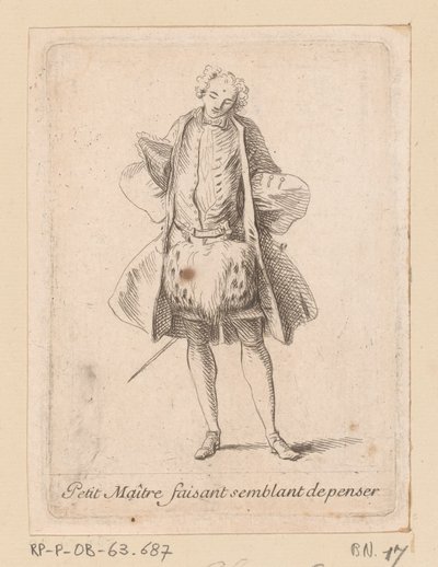 Stående adelsmand set forfra Petit Maître faisant semblant de penser (titel på objekt) Figures de modes (serietitel) af Charles Antoine Coypel