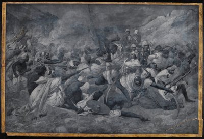 Den egyptiske hærs nederlag under Hicks Pasha af Mahdi Muhummad Ahmads styrker ved El Obeid, 5. november 1883 (akvarel en grisaille) af Charles Auguste Loye