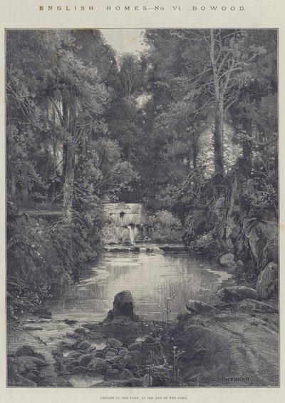 English Homes, Bowood, Cascade in the Park, ved enden af søen af Charles Auguste Loye