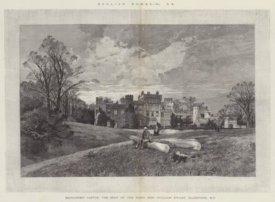 Hawarden Castle, sæde for parlamentsmedlemmet William Ewart Gladstone, den højærværdige William Ewart Gladstone af Charles Auguste Loye