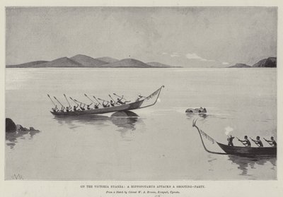 På Victoria Nyanza angriber en flodhest et skydeparti af Charles Auguste Loye