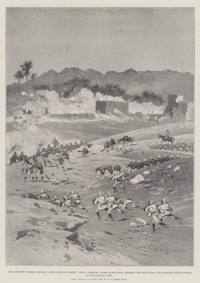 Fremrykningen mod Dongola, slaget ved Ferket, 1. brigade under major Lewis, rydder flodbredden og stormer Jahalin-lejrens outworks af Charles Auguste Loye