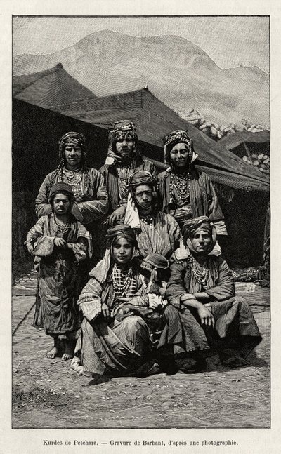 Kurderne af Petchara (Tyrkiet). Gravering af Barbant til illustration af historien "Gennem russisk Armenien, Karabagh, Arax-dalen, Ararat-massivet" "af Madame B. Chantre, i Le tour du Monde 1892, instrueret af Edouard Charton (1807-1891), Hachette, Paris. af Charles Barbant