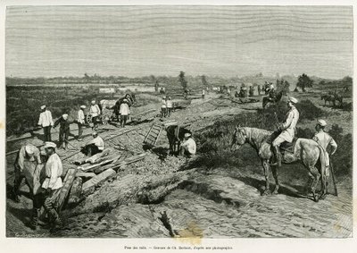 Udlægning af de transkaspiske skinner. Stik af Ch. Barbant for at illustrere historien Voyage a Merv, af Edgar Boulanger, i le tour du monde 1887, instrueret af Edouard Charton (1807-1890), Hachette, Paris. af Charles Barbant