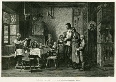 Den velsignede. Barbant-gravering efter et maleri af Brion, for at illustrere historien A Through Alsace and Lorraine, af Charles Grad, tysk deputeret, i 1884, i tour du monde 1886, instrueret af Edouard Charton (1807-1890), Hachette, Paris. af Charles Barbant