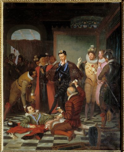Henrik III, konge af Frankrig, skubber liget af Henri I af Lorraine, hertug af Guise kaldet Balafre (1550-1588) efter hans mord på slottet Blois af Charles Barthelemy Durupt