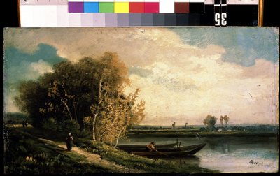 ""La berge"" (Kysten) Landskab langs floden med en fisker og en bondekone. Maleri af Charles Barthelemy Jean Durupt (1804-1838) Mikhail Kroshitsky kunstmuseum fra det 19. århundrede, Sevastopol (Sevastopol) Ukraine af Charles Barthelemy Durupt