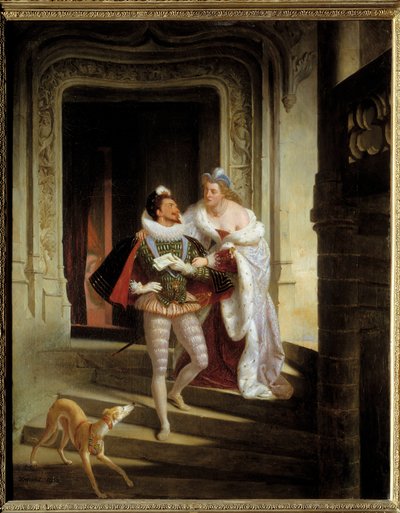 Markisen af Noirmoutiers, Charlotte de Beaune Semblancay (1551-1617), der søger at detournere Henrik I af Lorraine, hertug af Guise kaldet Balafre (1550-1588) for at gå til forsamlingen af staterne Blois før hans attentat (1588) kl. slottet B af Charles Barthelemy Durupt