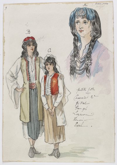 Holmès - Det sorte bjerg - kostumedesign af Charles Bianchini - 09. Små piger. Frøkenerne Charrier 2e, Gillet, Taugh, Lozeran, Renoir, Evel af Charles Bianchini