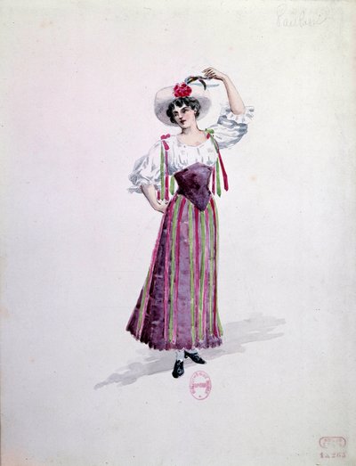 Ung kvindekostume (Nedda eller Colombine?) til operaen "" Paillasse"" (de pagliacci, klovne) af Ruggero Leoncavallo (1857-1919) fra 1892. Akvarel af Charles Bianchini (1860-1905) af Charles Bianchini
