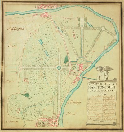 En generel plan for Hampton Court Palace Gardens and Parks, ca. 1713 (pen & blæk og wc på papir) af Charles Bridgeman