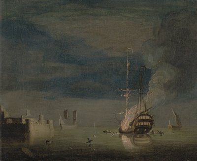 En to-decker i brand om natten ved et fort af Charles Brooking