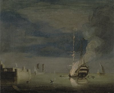 A Two-Decker on Fire at Night off a Fort, ca. 1740 (olie på lærred) af Charles Brooking