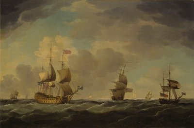 Et engelsk flagskib under let sejl i en moderat brise af Charles Brooking