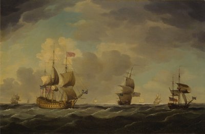 Et engelsk flagskib under let sejl i en moderat brise af Charles Brooking