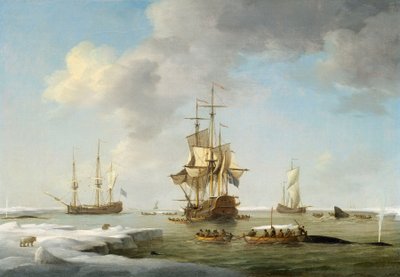 Grønlandsk fiskeri: Engelske hvalfangere i isen, ca. 1750 (olie på lærred) af Charles Brooking