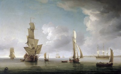 Sejlads i Themsens flodmunding (England), mange forskellige både og beskrivelse af den engelske kyst. Olie på lærred af Charles Brooking