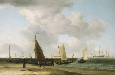 Scene på kysten med en krigsbygning i horisonten. Olie på lærred af Charles Brooking