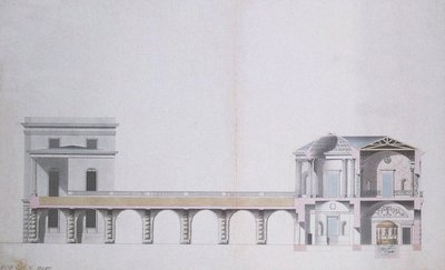 Tværsnit af Agat-pavillonen og den hængende have ved Tsarskoye Selo, ca. 1780 (pen og blæk med wc på papir) af Charles Cameron