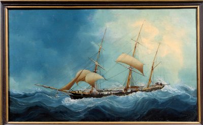 En tre-mattet sejlbåd i flyvning Maleri af Charles Cheri Dubreuil (Cheri-Dubreuil) (1828-1880) 1865 - Fecamp. Musee Des Terre Neuvas - Et tre-mastet skib på flugt. Maleri af Charles Dubreuil (1800-tallet) af Charles Cheri Dubreuil