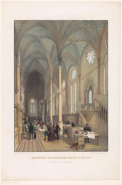Interiør i Konservatoriet for Kunsthåndværksbibliotek Bibliotek for Konservatoriet for Kunst og Håndværk (tidligere refektorium for klosteret St. Martin des Champs) (titel på objektet) af Charles Claude Bachelier