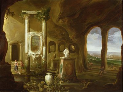 Et monument til Augustus, i en grotte med figurer, 17. århundrede af Charles Cornelisz de Hooch