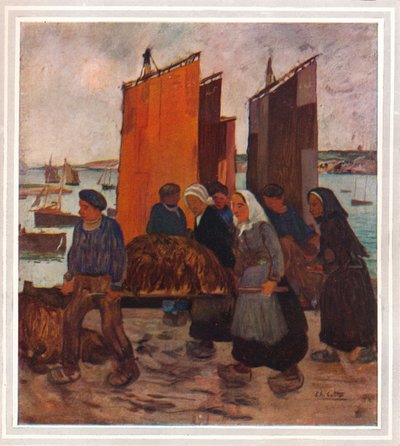Bretonske fiskere lander fra Le Goemon, c 1903 af Charles Cottet
