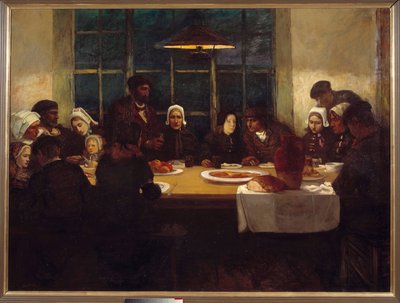 Afskedsmåltidet i havets land Breton-familien samledes om et bord. Centralpanel af en triptyqye af Charles Cottet (1863-1924). 1898 Søn. 1,76x2,37 m Paris, musee d