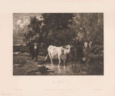Landskab med køer i udkanten af ​​en skov La Forêt (titel på objekt) af Charles Courtry