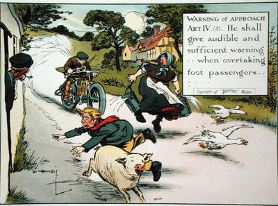 Advarsel om tilgang. Kunst. IV.(5) Han skal give hørbar og tilstrækkelig advarsel...når han overhaler fodgængere, fra en bog med færdselsregler, udgivet ca. 1905 (farve litho) af Charles Crombie