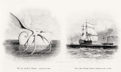 En kæmpe blæksprutte og to skibe til søs, indgraveret af George Cooke (1781-1834) af Charles Curtis