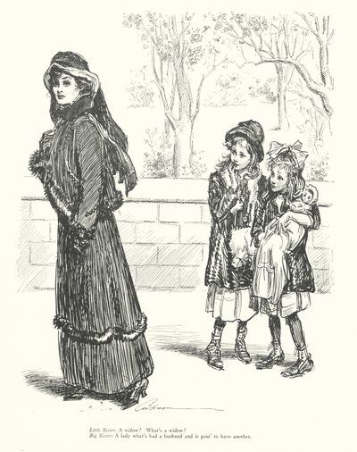 Lillesøster: En enke Hvad er en enke Storesøster: En dame, der har haft en mand og skal have en anden (litografi) af Charles Dana Gibson