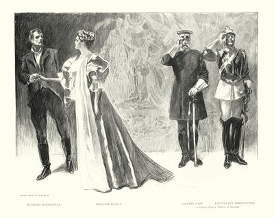 Rudolph Rassendyll, prinsesse Flavia, oberst Sapt, løjtnant Bernenstein (litografi) af Charles Dana Gibson