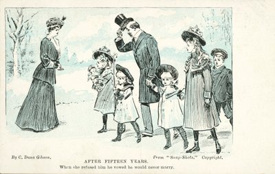 Kvinde, der møder den mand, hun nægtede i ægteskab, og som svor, at han aldrig ville gifte sig (farve litho) af Charles Dana Gibson