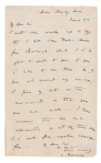 Autograf brev underskrevet af Charles Darwin