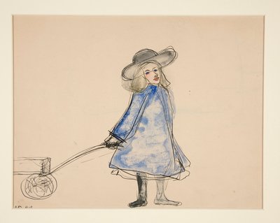 Girl Pulling Wagon (Almindelig pige i blå kjole) (recto); Skitse af en mand (verso) af Charles Demuth