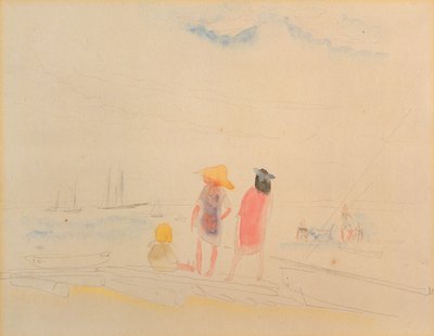 To kvinder og barn på stranden (wc og blyant på papir) af Charles Demuth