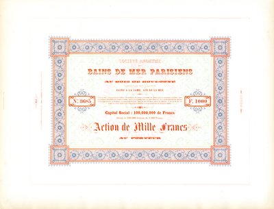 Aktiecertifikat "Parisian Sea Baths" (tryk) af Charles Derriey