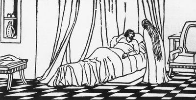 Melisande på besøg hos Golaud, der ligger i sengen efter at være faldet fra sin hest, træsnit af Charles Doudelet (1861-1938) til Pelleas og Melisande af Maurice Maeterlinck (1862-1949), udgivet af Claudio Argentieri, Spoleto, Italien af Charles Doudelet