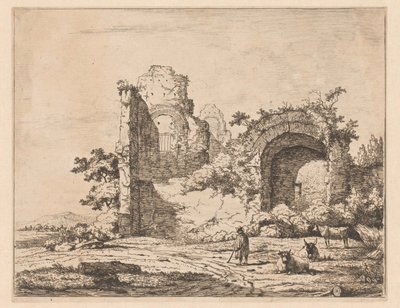 Landskab med ruin og hyrde Tryk med ruiner i landskaber (serietitel) Cahier de ruines et de paysages (serietitel) af Charles Echard (attributed to)