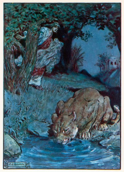 "Et uvelkomment væsen" (farvelitografi) af Charles Edmund (after) Brock