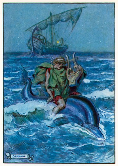 Han opdagede, at han sad overskrævs på en stor, sort fisk (farvelitografi) af Charles Edmund (after) Brock