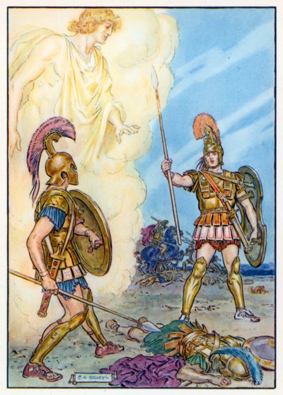 Hektor reddet af Apollon (farvelitografi) af Charles Edmund (after) Brock