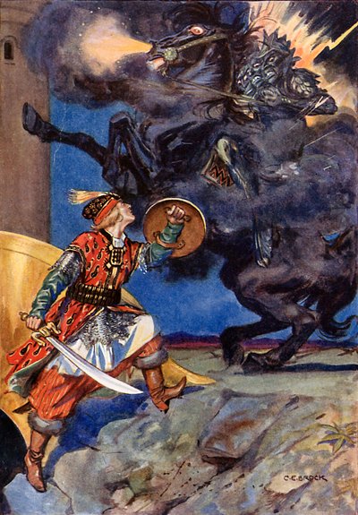 "Jeg er kommet for at kæmpe mod dig, røver af min elskede" (farvelitografi) af Charles Edmund (after) Brock